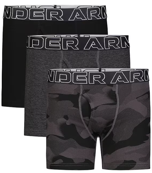 3 Paires de boxers - Under Armour garçon, noir uni, gris chiné et camouflage gris, vue de face, tissu technique