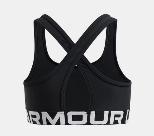 Camisole sport - Under Armour noire avec bretelles croisées et bande élastique blanche logo, pour fille, vue de dos