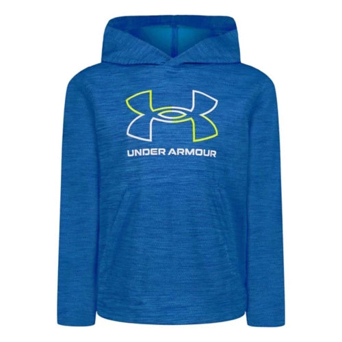 Chandail - Under Armour bleu à capuche avec logo blanc et jaune, 100% polyester, pour garçon, vue de face.