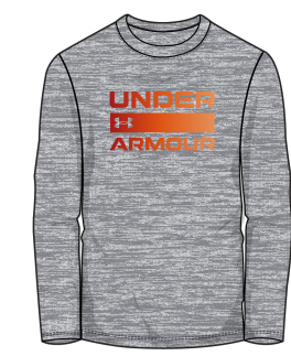 Chandail - Under Armour gris chiné avec logo orange, manches longues, 100% polyester, pour garçon, vue de face.
