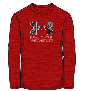 Chandail - Under Armour rouge en polyester 100%, manches longues, logo noir et blanc, pour garçon, vue de face.
