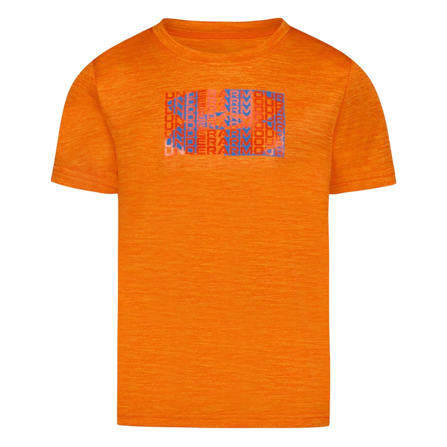 T-Shirt - Under Armour orange en polyester avec motif logo bleu, manches courtes, pour garçon, vue de face.