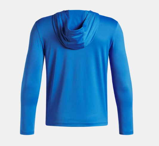 Chandail UA Vanish - Under Armour bleu roi à manches longues en tissu léger, pour garçon, vue de dos avec capuchon.