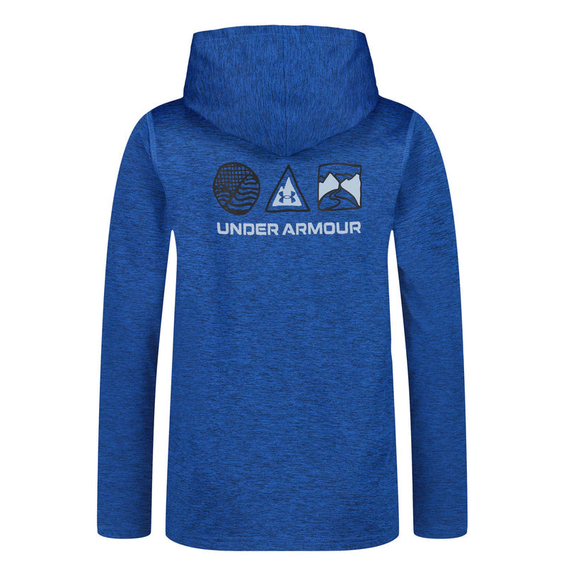 Chandail - Under Armour bleu à capuche avec logo imprimé au dos, tissu polyester, pour garçon, vue de dos.