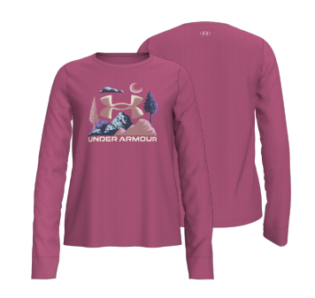 Chandail - Under Armour rose avec motif nature multicolore, manches longues, 50% coton 50% polyester, pour fille, vue de face et dos.