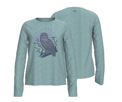 Chandail - Under Armour fille bleu gris en coton polyester avec motif chouette, manches longues, vue de face et dos
