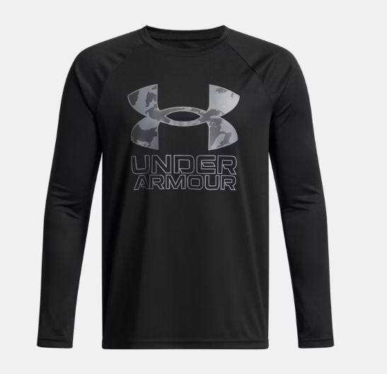 Chandail UA Tech™ Hybrid Print - Under Armour noir avec logo gris camouflage, manches longues, polyester, pour garçon, vue de face.