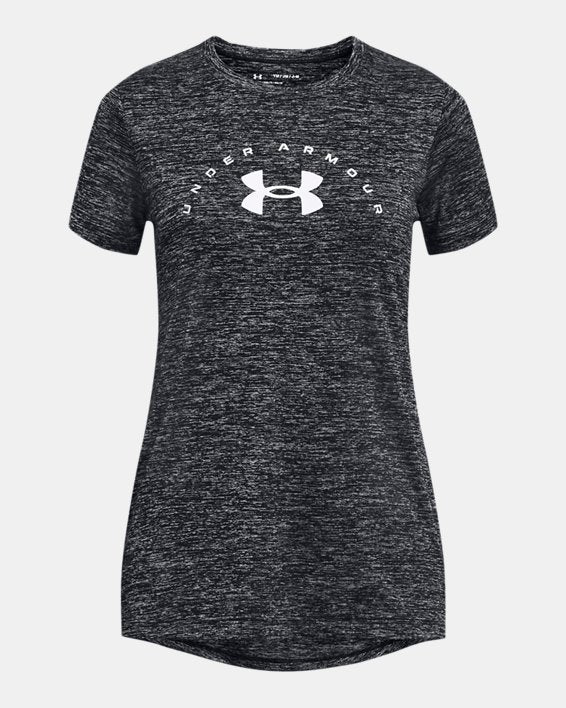 T-Shirt gros logo UA Tech™ Twist Arch - Under Armour gris foncé chiné en polyester pour fille, vue de face, col rond manches courtes.