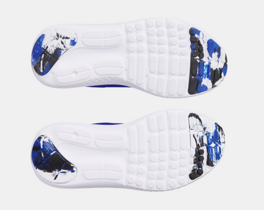 Espadrilles - UA BGS Surge 4 semelles blanches avec détails bleu et noir, modèle enfant, vue de dessous.