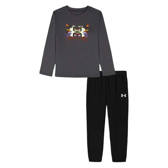 Ensemble - Under Armour garçon noir et gris anthracite en coton, tee-shirt manches longues avec imprimé, pantalon long, vue de face.