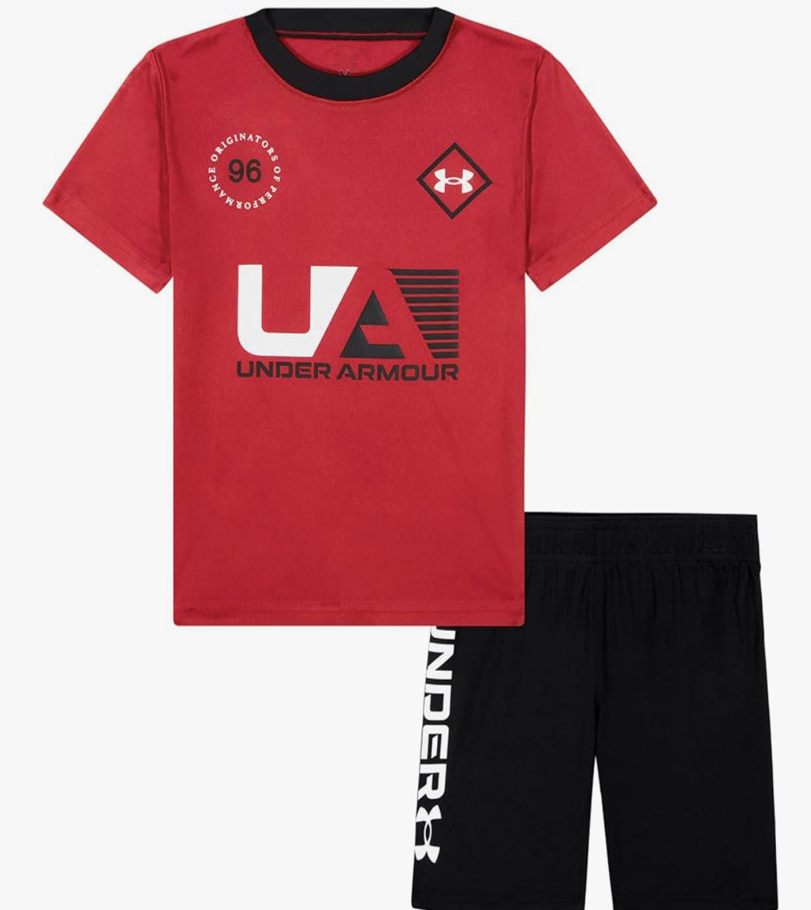 Ensemble Short - Under Armour rouge et noir, t-shirt manches courtes avec logo imprimé, short élastique, pour garçon, vue de face.