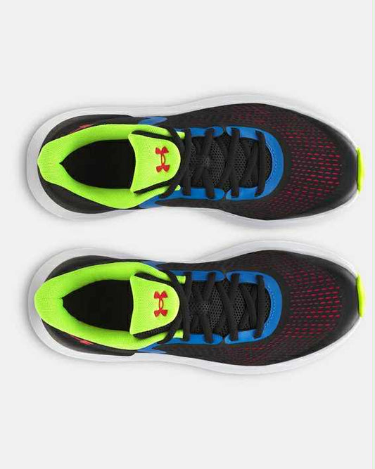 Espadrilles Rogue 5 - Under Armour noires et vert fluo avec détails bleus, mesh respirant, pour enfant, vue de dessus.