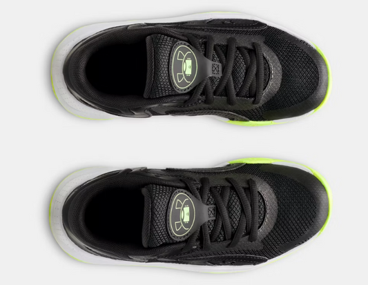 Espadrilles UA GS JET '25 - Under Armour noires avec touches vert fluo, mesh respirant, pour enfant, vue de dessus