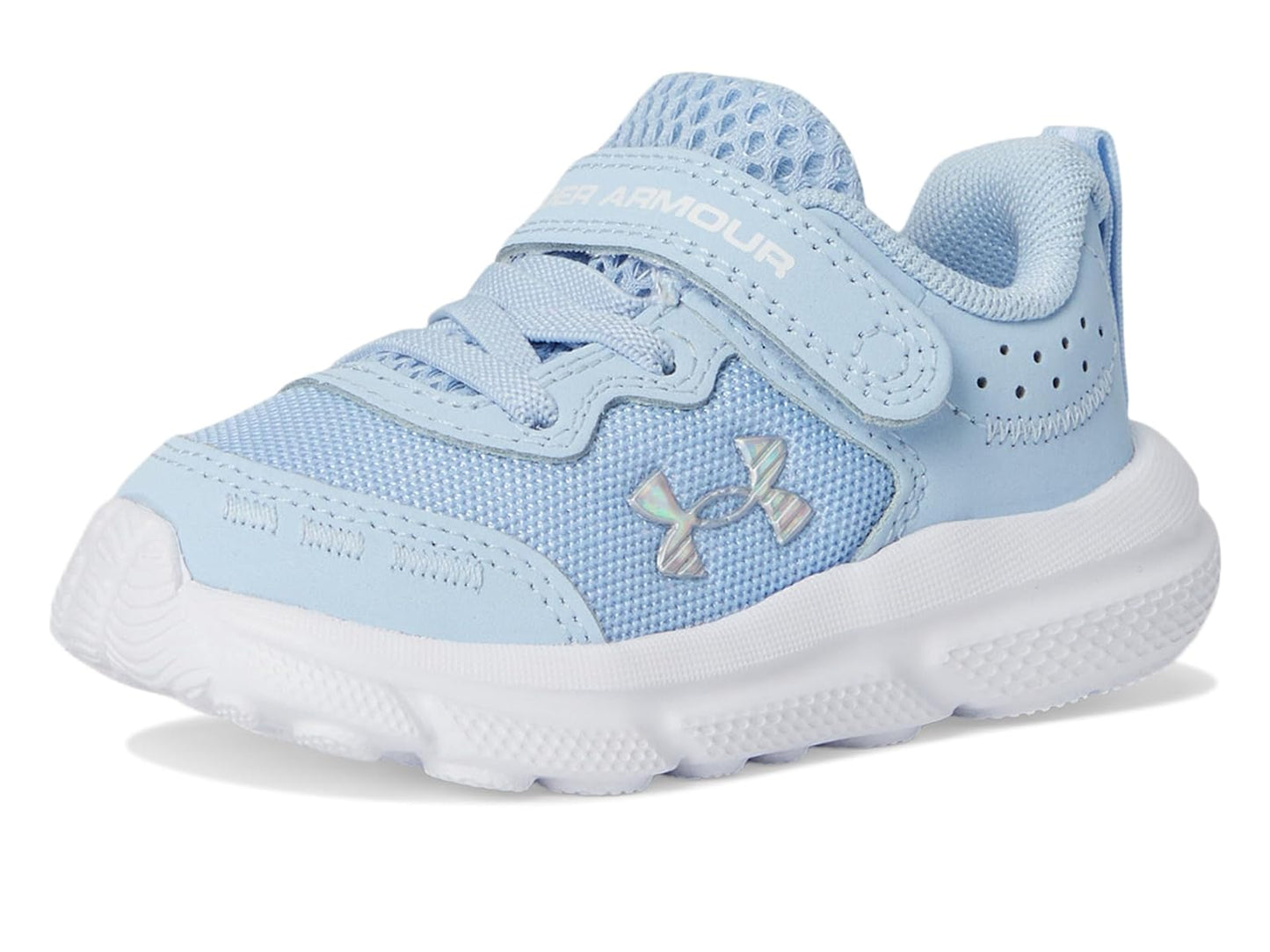 Espadrilles UA Assert 10 AC - Under Armour bleu clair et blanc en mesh léger avec sangle scratch, pour fille, vue de profil droit