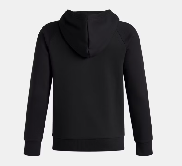 Hoodie - Under Armour noir en mélangé coton polyester polaire, intérieur brossé, pour garçon, vue de dos avec capuche