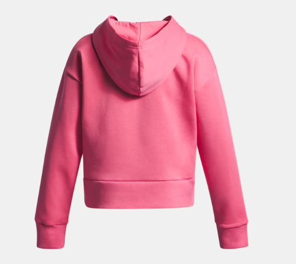 Chandail à capuche court UA Rival Fleece pour fille - Under Armour rose vif, molletonné, vue de dos, manches longues, tissu épais
