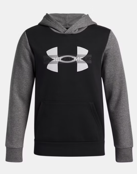 Hoodie UA Rival Fleece - Under Armour noir et gris à capuche en coton polyester, pour garçon, vue de face.