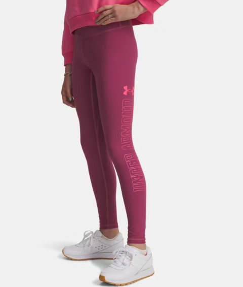 Legging UA Motion Branded - Under Armour violet avec logo rose, tissu polyester et élasthanne, pour fille, vue de profil droit porté.