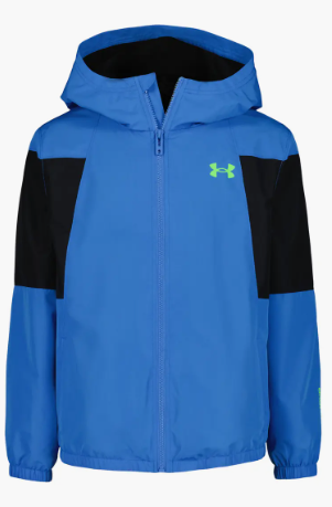 Manteau Mi-Saison - Under Armour bleu et noir, doublé polaire, technologie coupe-vent, pour fille, vue de face avec capuchon