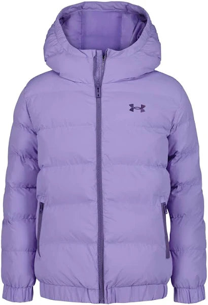 Manteau Mi-Saison - Under Armour violet matelassé avec capuche, isolant thermique pour fille, vue de face