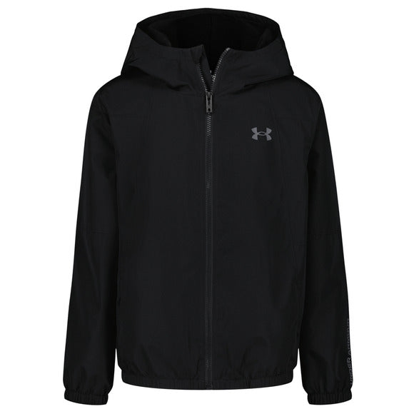 Manteau Mi-Saison - Under Armour noir imperméable avec capuche, doublure polaire, pour garçon, vue de face.
