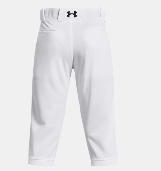 Pantalon 3/4 de baseball - Under Armour blanc avec logo noir, tissu technique, pour garçon, vue de dos