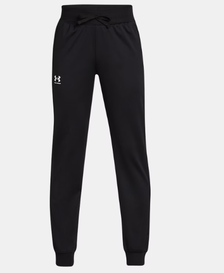 Pantalon - Under Armour noir en tissu technique, coupe droite, pour junior, vue de face avec cordelette à la taille.