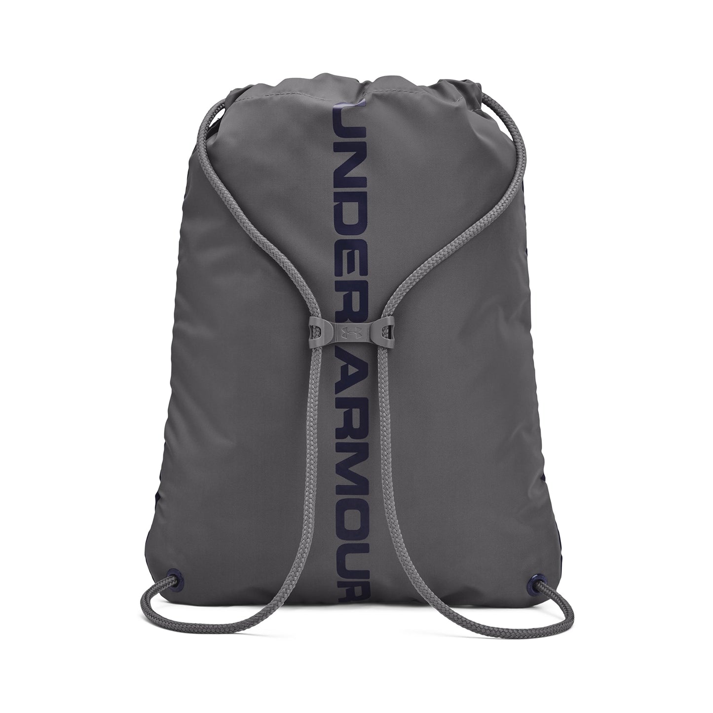 Sac à cordons - Under Armour gris foncé en polyester durable avec pince de sternum, vue de dos sur fond blanc.