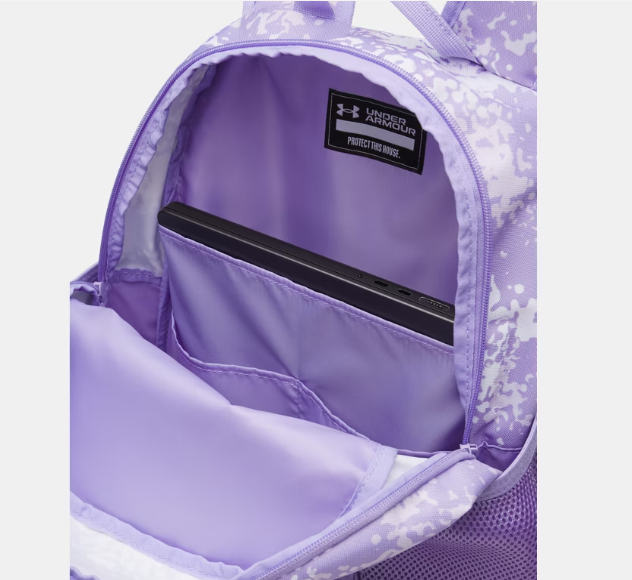 Sac à dos UA Hustle Sport 6.0 - Under Armour lilas avec motifs blancs, compartiment intérieur pour ordinateur, vue ouverte de face