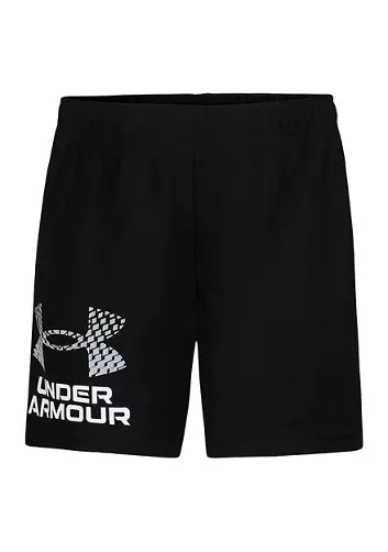 Short - Under Armour noir avec logo blanc à chevrons, tissu léger, style sport pour garçon, vue de face.