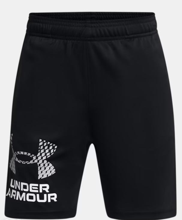 Short avec logo UA Tech™ - Under Armour noir avec logo blanc, textile polyester, garçon, vue de face, taille élastique.