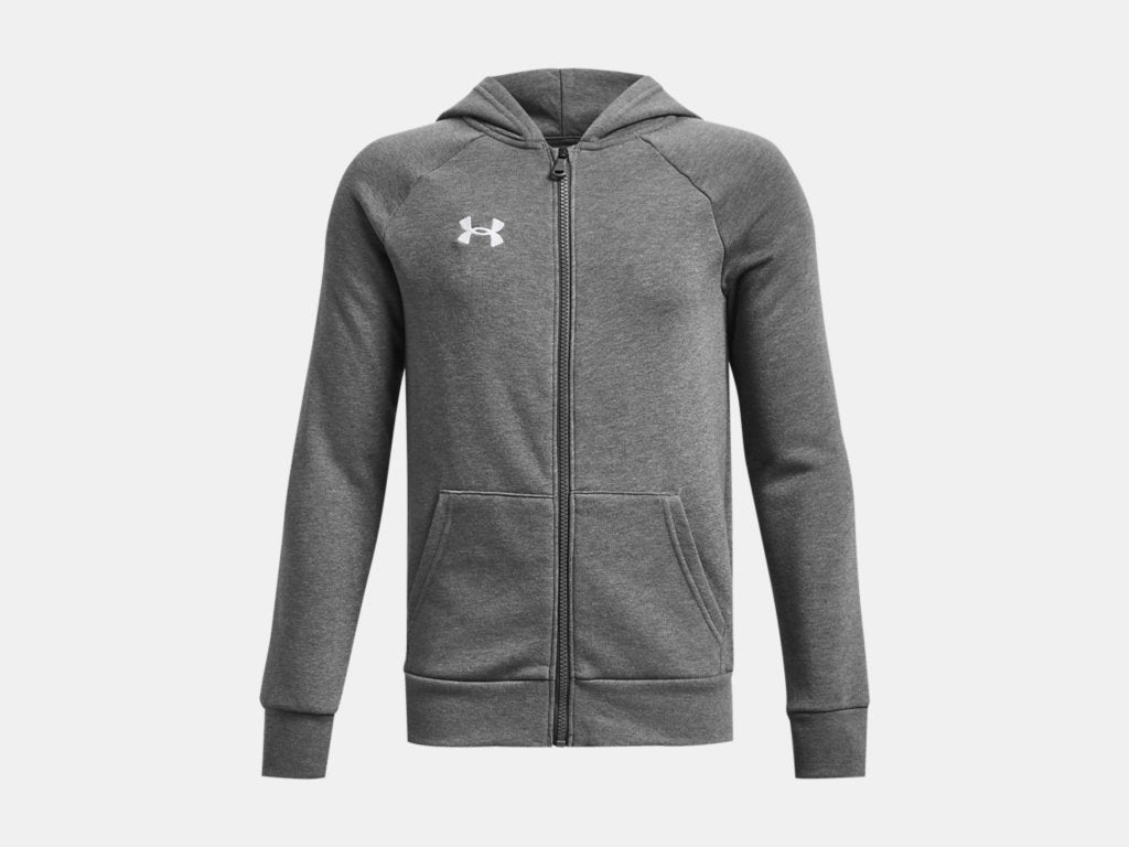 Veste - Under Armour gris foncé en tissu molletonné coton, à capuche zippée, poches ouvertes pour garçon, vue de face