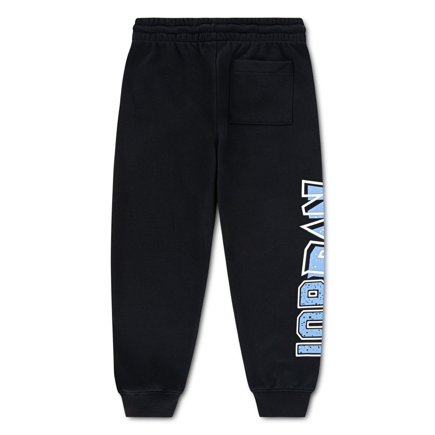 Pantalon - Jordan noir avec logo bleu et blanc sur jambe droite, matière coton polyester, vue de dos, pour enfant
