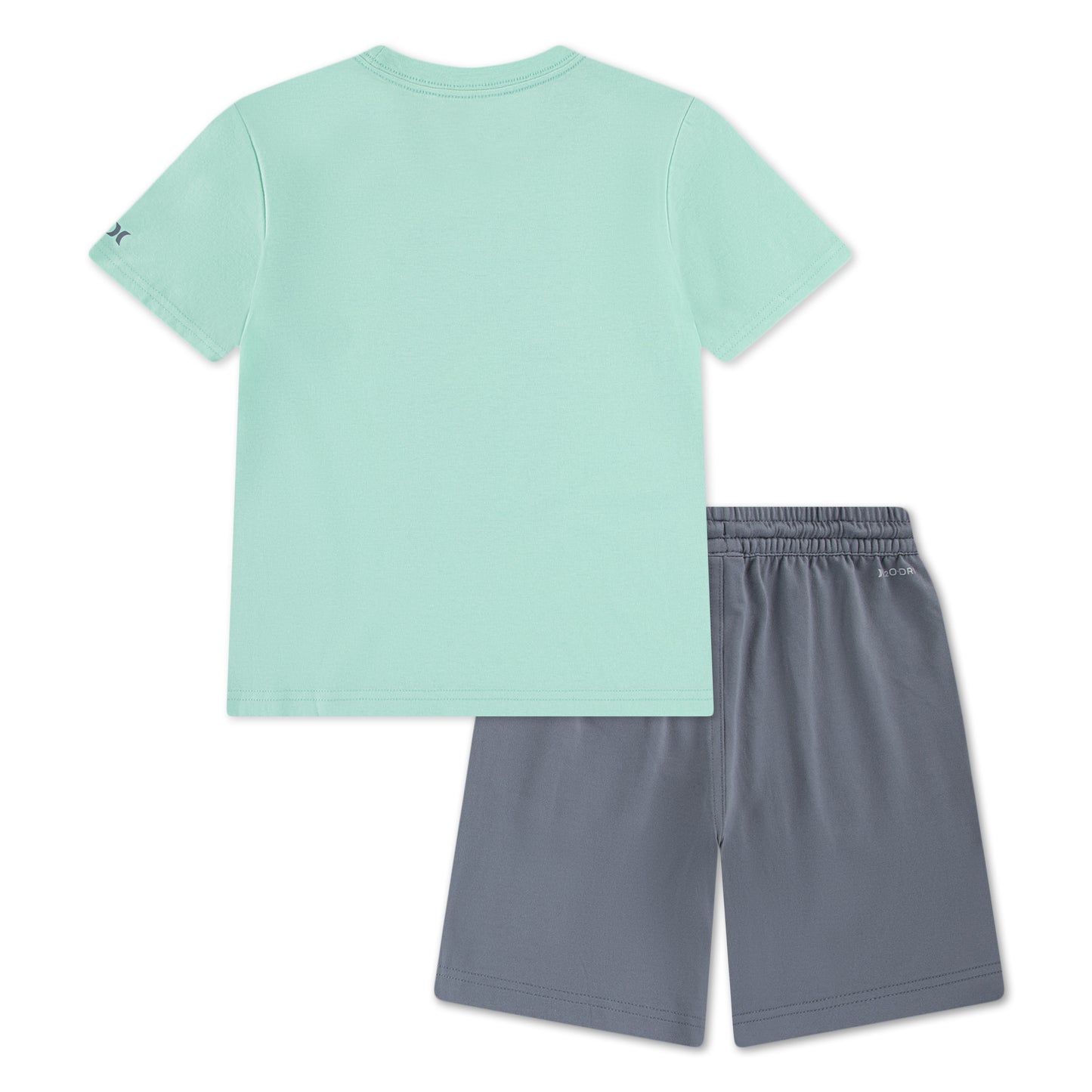 Ensemble - Hurley t-shirt manches courtes bleu vert menthe et short de bain gris, pour enfant, vue de dos et côté.