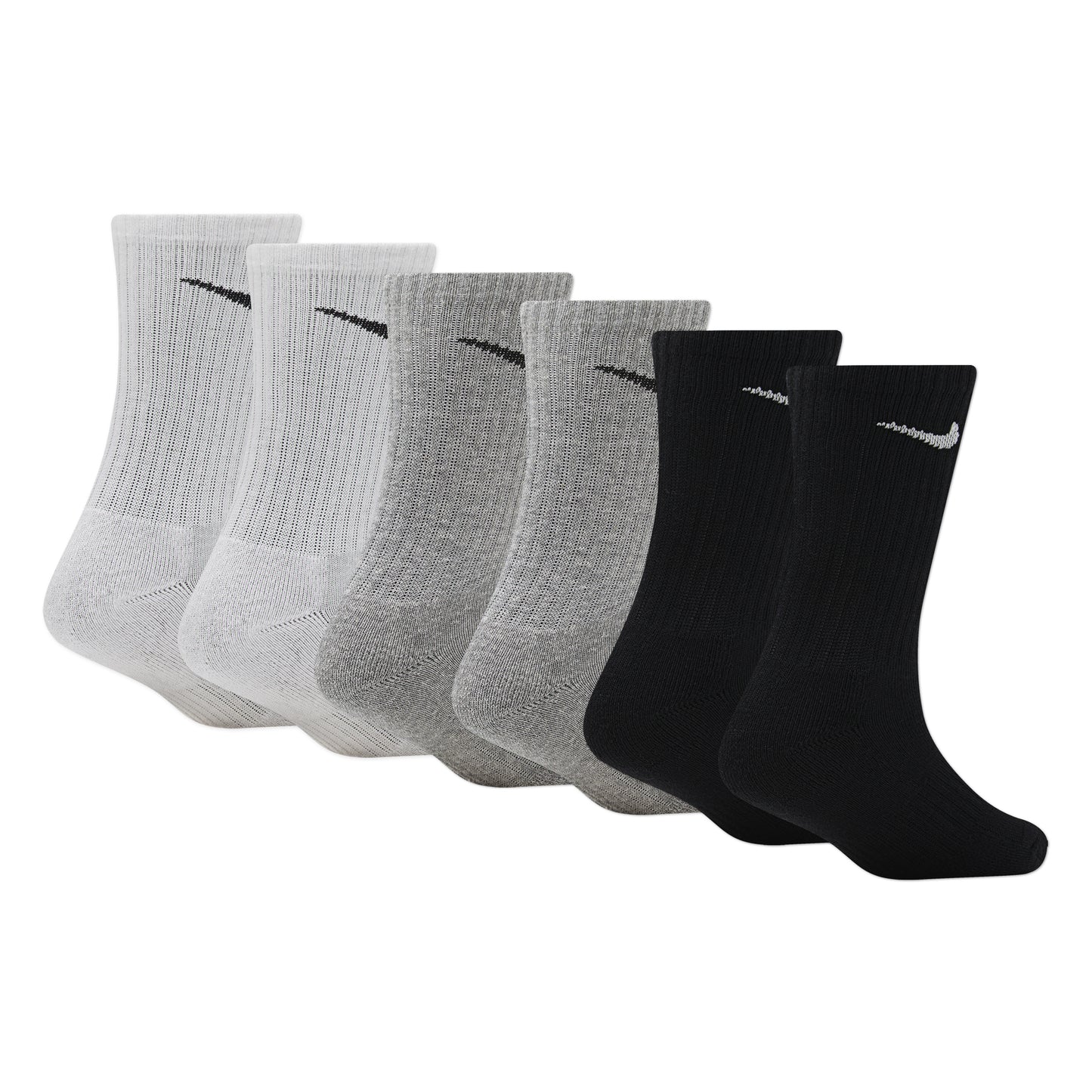 6 Paires de bas - Nike en coton, couleurs blanc, gris et noir, style mi-mollet, vue de profil avec logo swoosh visible