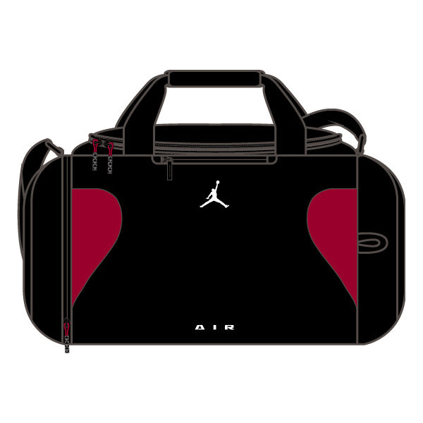 Sac de sport - Jordan noir et rouge en tissu synthétique avec logo blanc, design de type sac de sport, vue de face.