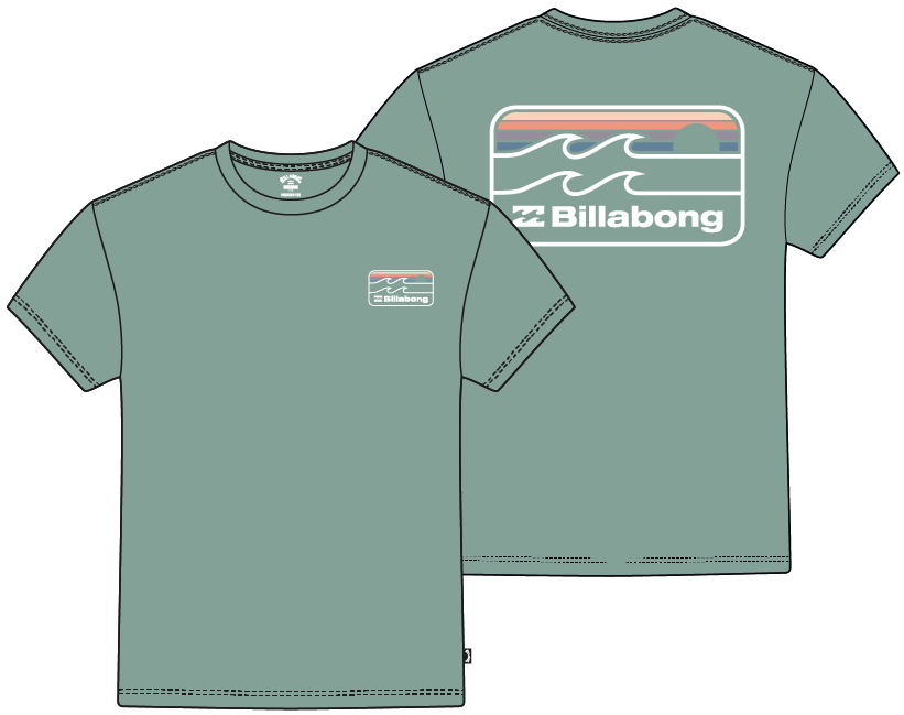 T-Shirt - Billabong vert sauge en coton jersey avec logo vague et coucher de soleil, vue de face et de dos.