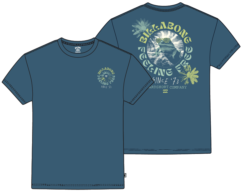 T-Shirt - Billabong bleu marine en coton, motif imprimé floral et texte vintage, vue face et dos.