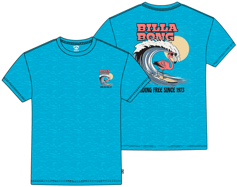 T-Shirt - Billabong bleu turquoise en jersey coton avec motifs vague et aigle, vue avant et arrière.