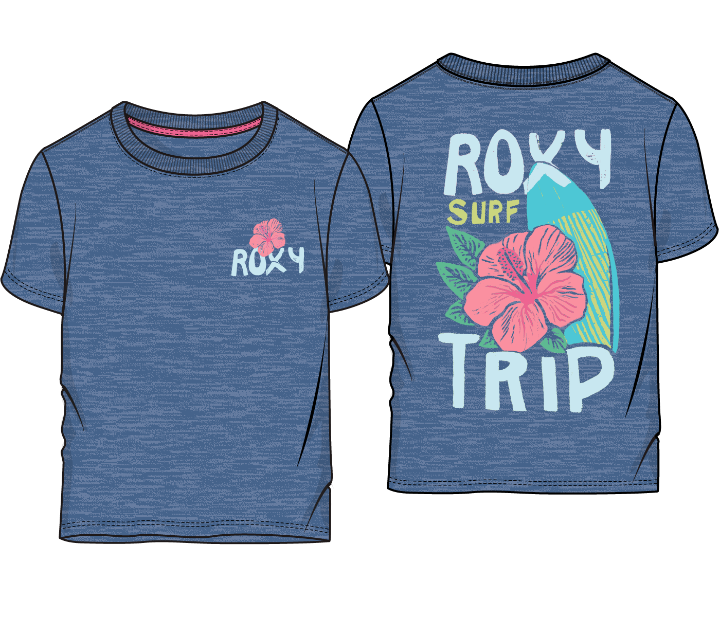 T-Shirt - Roxy bleu chiné en coton pour enfant, motifs fleurs roses et planche de surf, vue de face et dos.