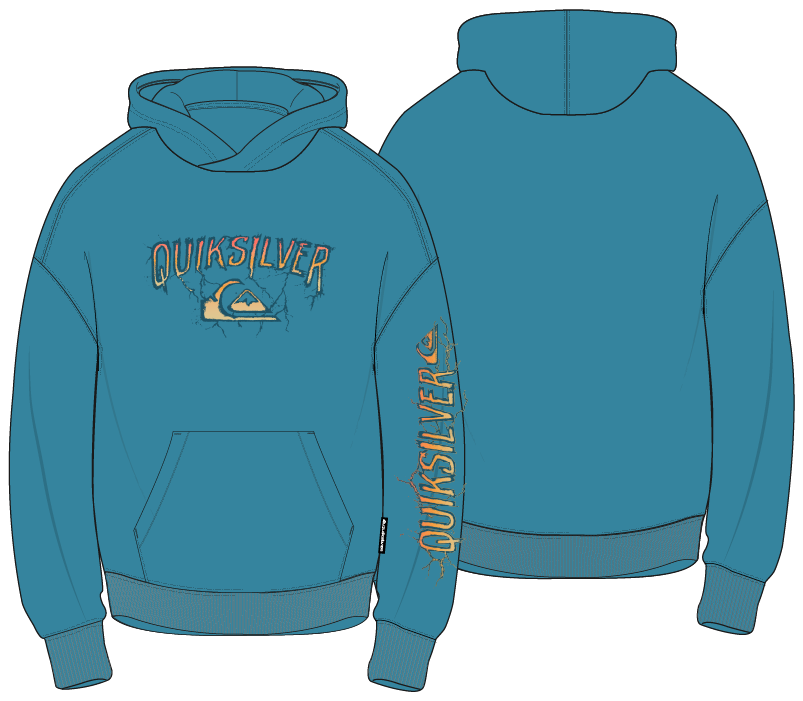 Hoodie - Quiksilver bleu turquoise en coton, style classique avec capuche, poche kangourou, logo devant et sur la manche, vues de face et dos.