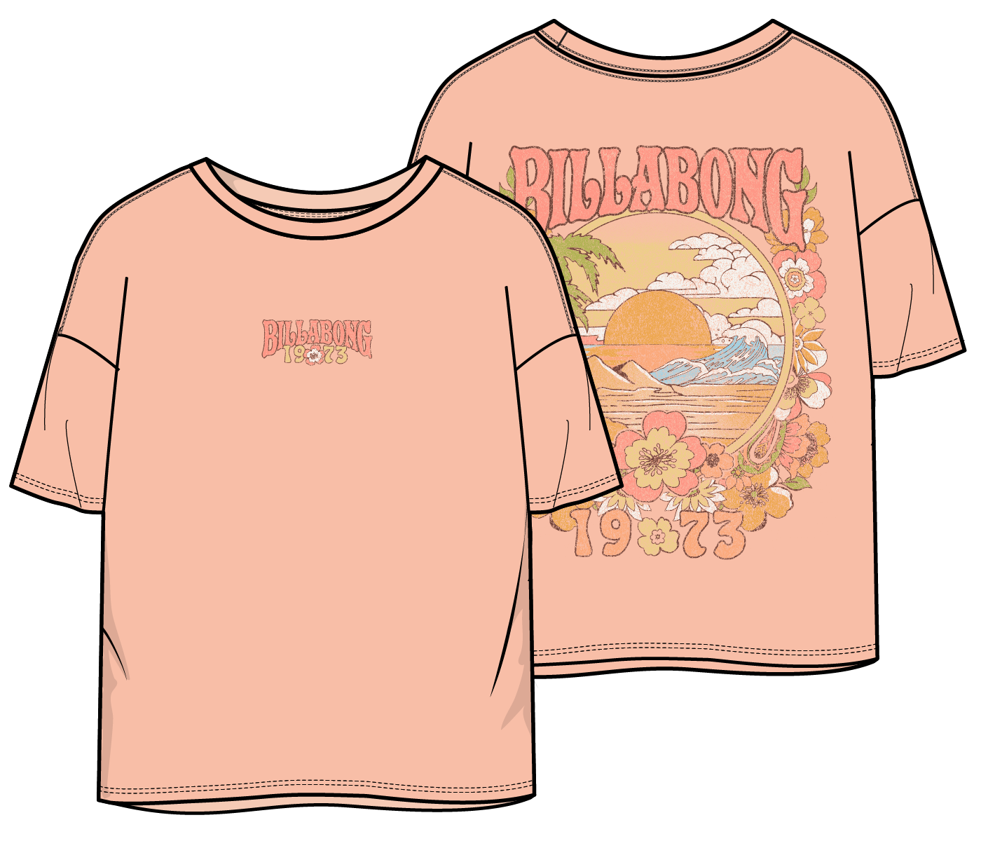 T-Shirt - Billabong rose clair en coton avec motifs floraux et paysage, vue de face et dos, style décontracté adulte.