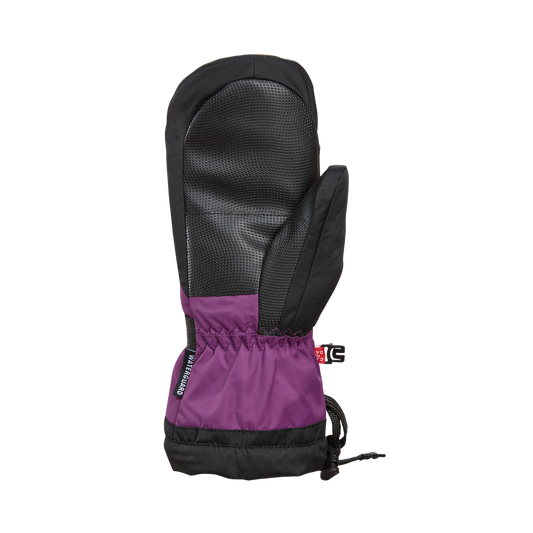 Mitaines d'hiver - Kombi The Original pour enfant, en tissu noir et violet avec paume antidérapante, vue de face portant le poignet ajustable.