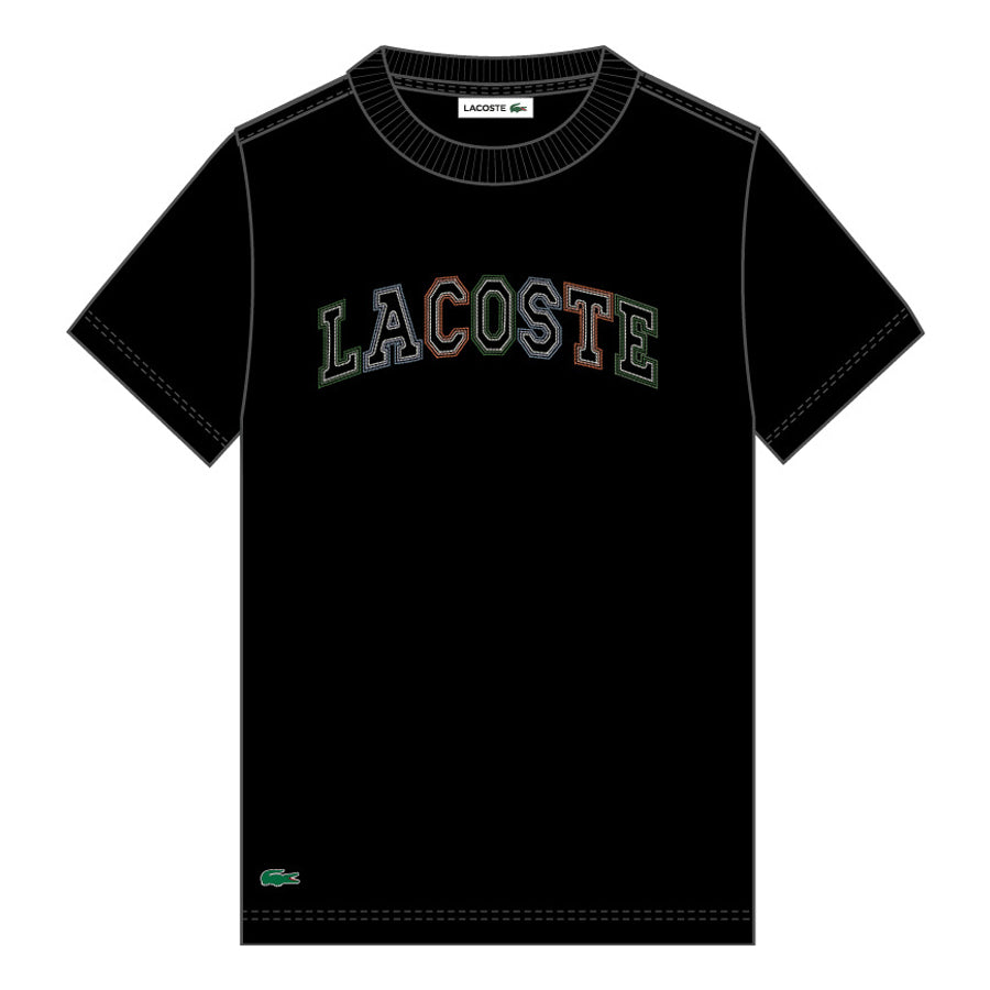 T-Shirt - Lacoste noir en coton avec logo multicolore sur la poitrine, coupe droite, vue de face.