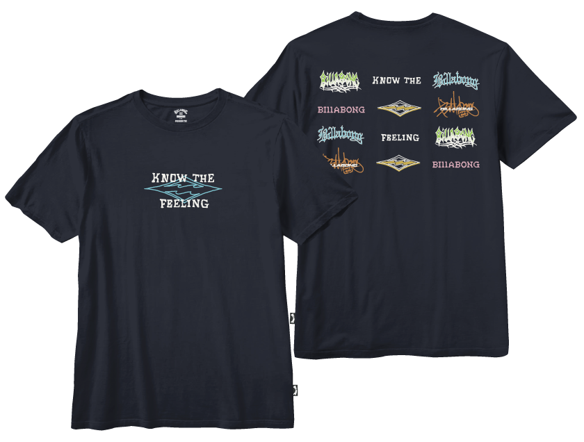T-Shirt - Billabong bleu marine en coton avec impressions multicolores devant et plusieurs logos au dos, vue de face et dos.
