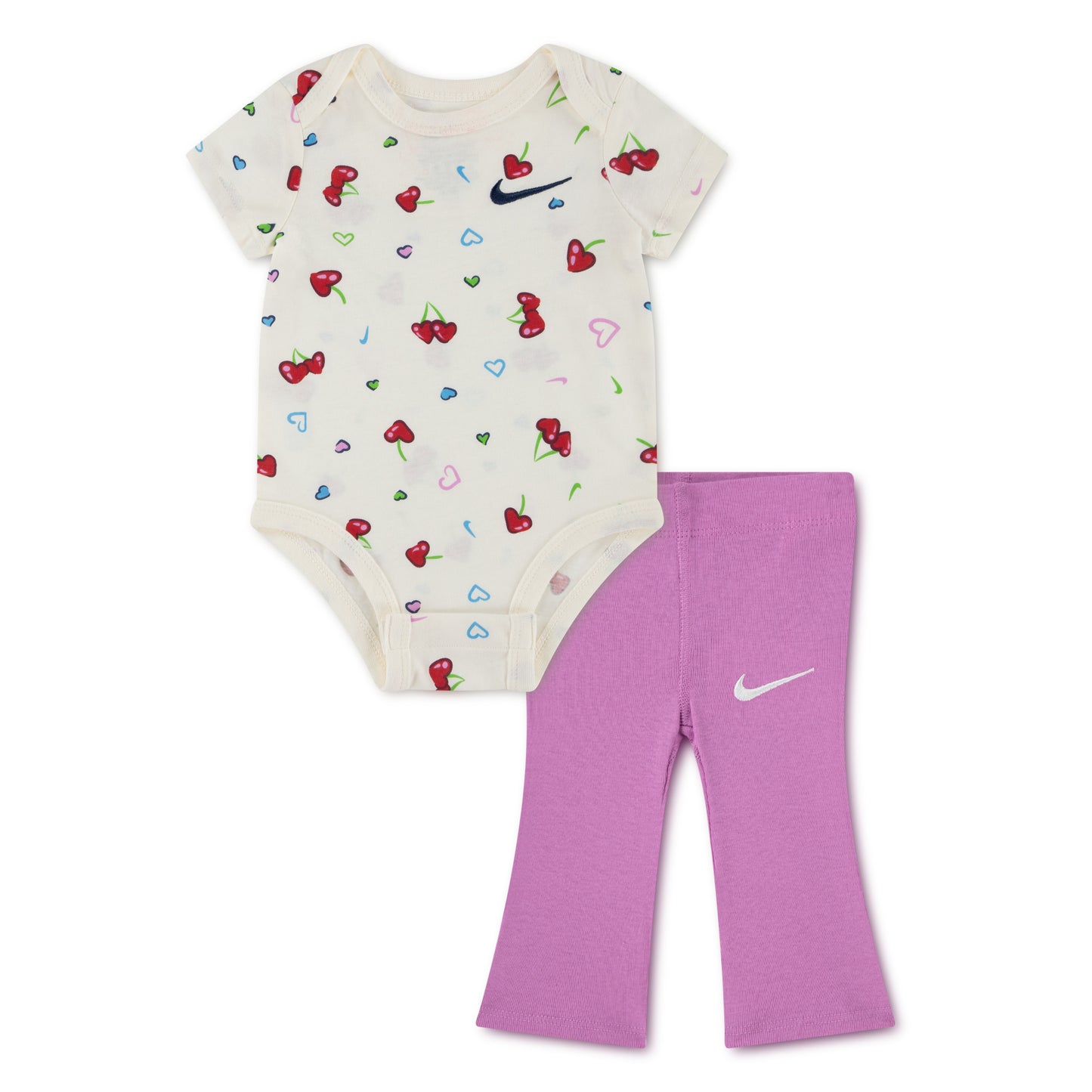 Ensemble - Nike pour bébé fille composé d'un body blanc à motifs cerises rouges et un legging violet, vue de face.