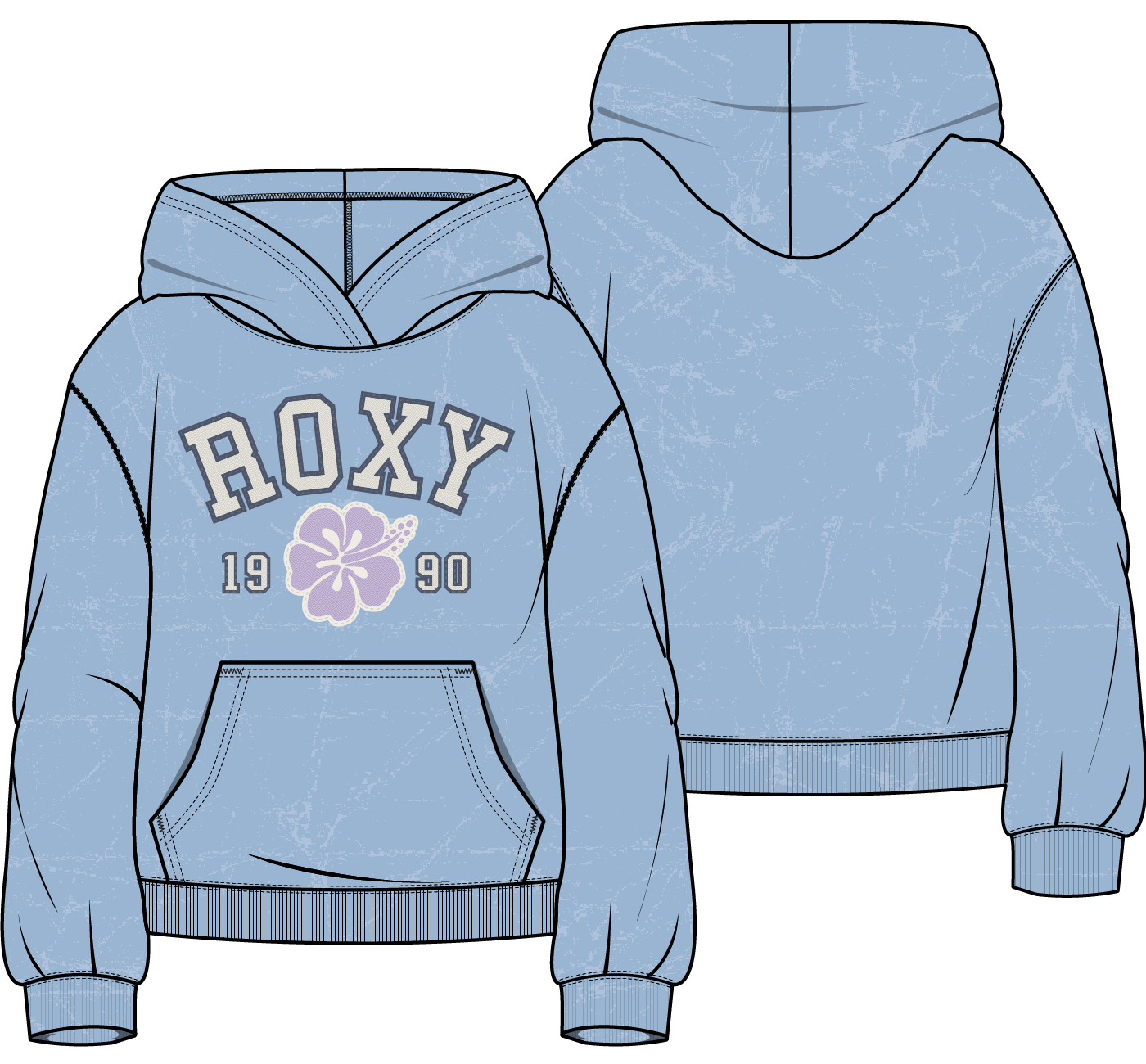 Hoodie - Roxy bleu clair en baby French Terry 60% coton 40% polyester, logo ROXY et fleur rose, vue de face et dos, enfant