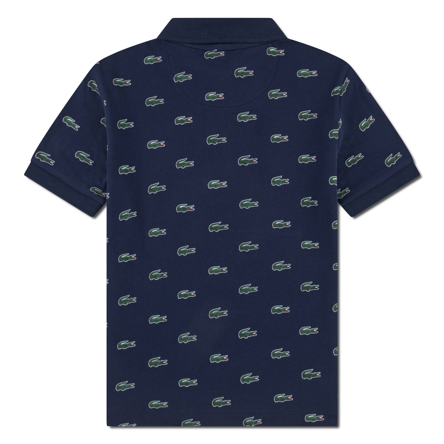 Polo - Lacoste bleu marine à manches courtes avec motifs crocodiles verts, vue de dos, style enfant en coton piqué.