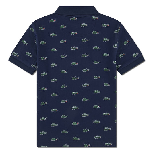 Polo - Lacoste bleu marine à manches courtes avec motifs crocodiles verts, vue de dos, style enfant en coton piqué.