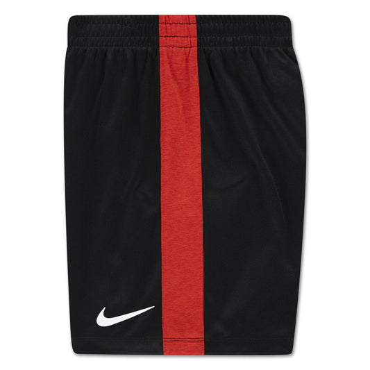 Ensemble - Nike short noir avec bande rouge centrale, logo blanc, polyester, vue de face, enfant.